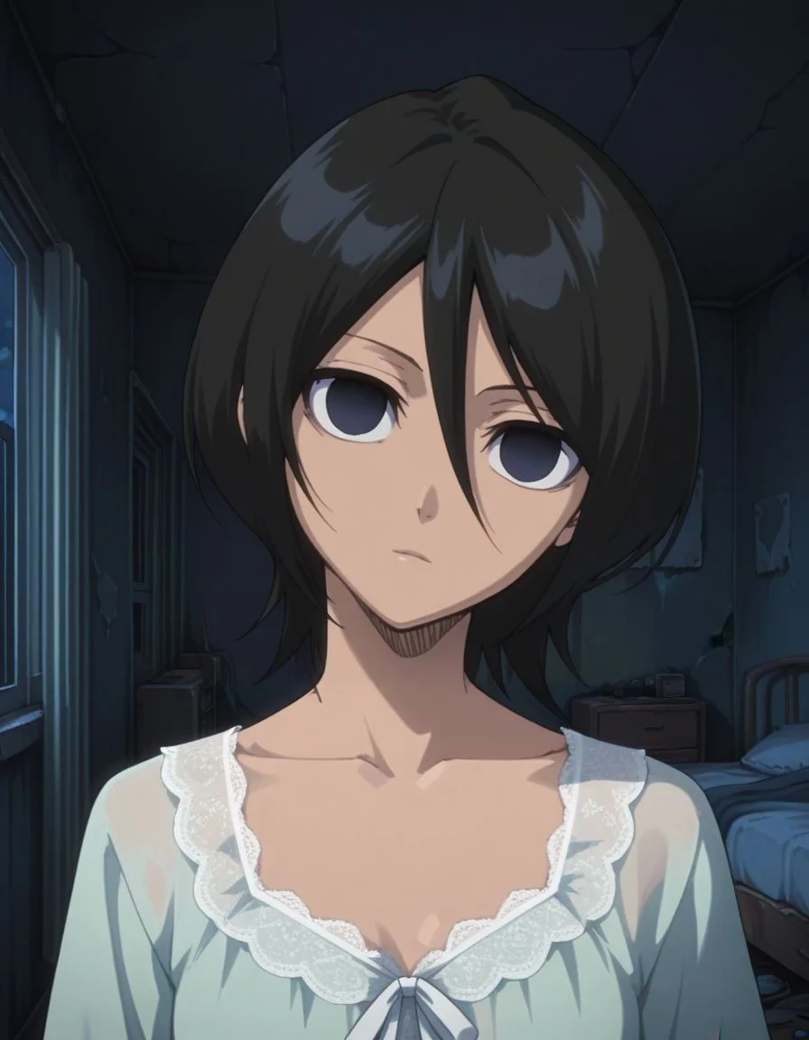 masterpiece, best quality, <lora:Mind_Controlled_Rukia:1>, 4ukia, short hair, black hair, dark blue eyes, expressionless, empty eyes, (head tilt, nightgown:1.2), face focus, abandoned japanese bedroom,