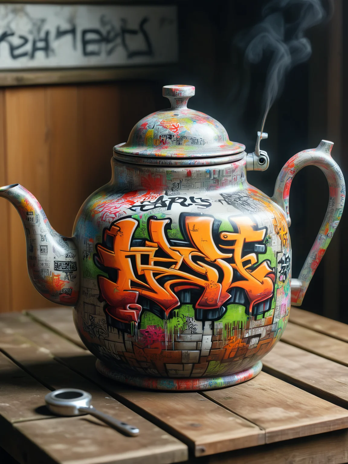 ais-graffiti teapot on a wooden table <lora:Graffiti_SDXL:1>