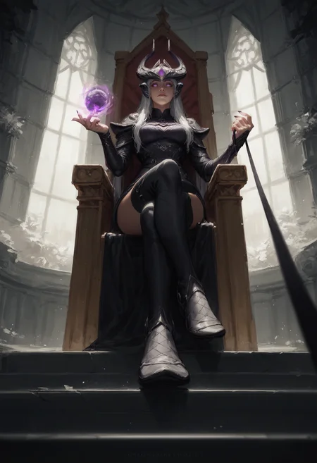 zPDXL, rating_safe, hi res, inside, palace, throne room, purple theme
BREAK 1girl, syndranormal, white hair, glowing eyes, purple eyes, witch_outfit, crown, long_stocking, sitting on throne, dark_sphere, magic user, holding leash, crossed legs, reclining, dominant female, low-angle view, worm's-eye view, submissive pov, leashed pov, leash pull
<lora:scoreSlider_ponyXL_v10:1> <lora:Syndra_ponyXL_v10:1> <lora:Guweiz_ponyXL_v10:0.6>
