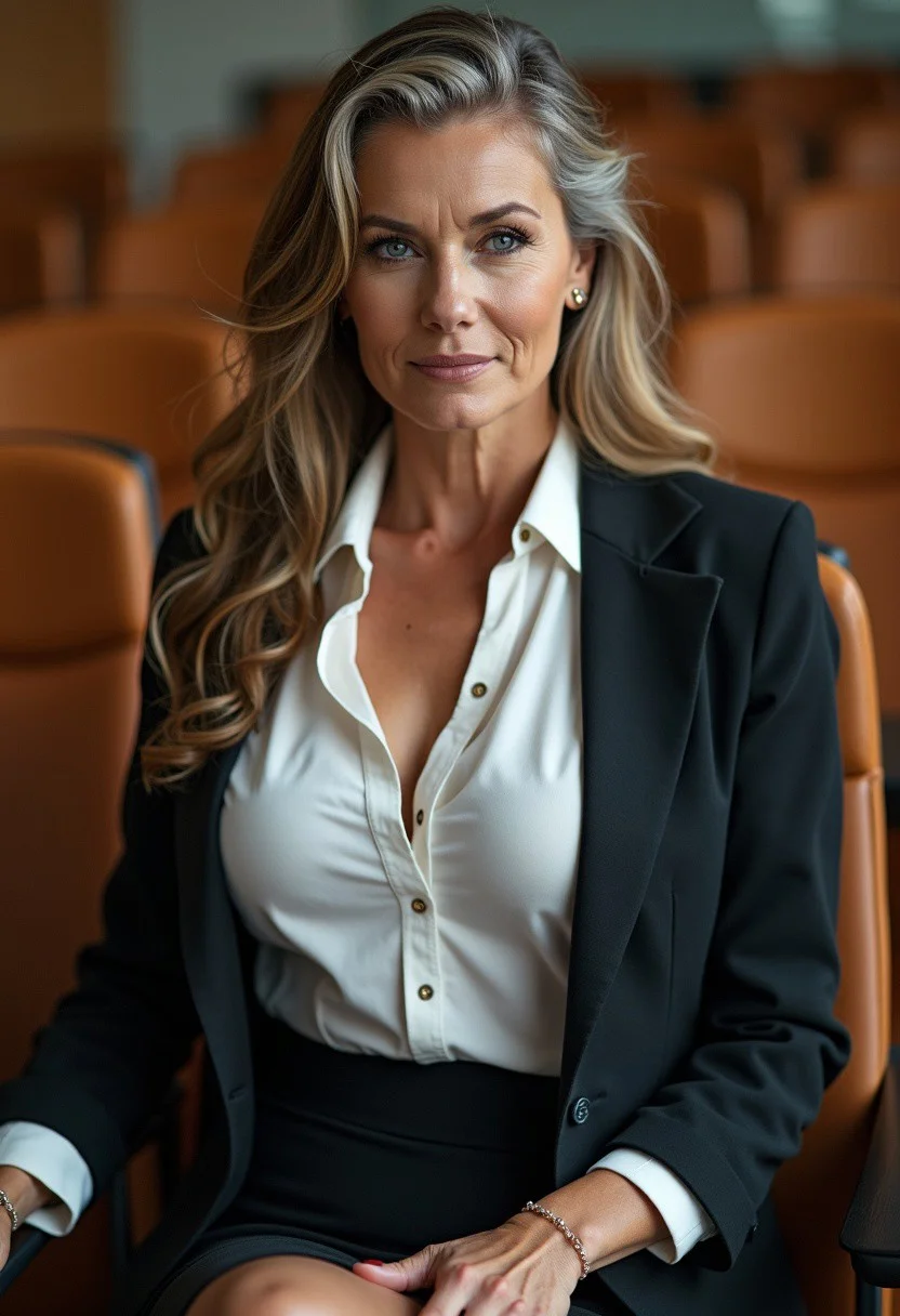 A close-up, ultra-detailed photograph of a 50-year-old German college professor sitting confidently in a lecture hall. She has long, wet hair styled with gel, aged but elegant skin, and a fit, slim figure. Her massive 34DD-cup breasts, cleavage and curvaceous figure are accentuated by a tight white button blouse under a tailored blazer, paired with a pencil skirt and heels. Her strict yet teasing expression is directed at the camera, exuding authority and allure with a hint of cougar charm. She wears subtle but tasteful jewelry that adds sophistication to her look. The lecture hall background is softly blurred, emphasizing her commanding presence. The lighting highlights her facial features and outfit textures, creating an intimate and professional yet provocative atmosphere.