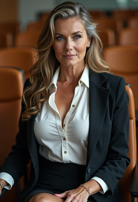 A close-up, ultra-detailed photograph of a 50-year-old German college professor sitting confidently in a lecture hall. She has long, wet hair styled with gel, aged but elegant skin, and a fit, slim figure. Her massive 34DD-cup breasts, cleavage and curvaceous figure are accentuated by a tight white button blouse under a tailored blazer, paired with a pencil skirt and heels. Her strict yet teasing expression is directed at the camera, exuding authority and allure with a hint of cougar charm. She wears subtle but tasteful jewelry that adds sophistication to her look. The lecture hall background is softly blurred, emphasizing her commanding presence. The lighting highlights her facial features and outfit textures, creating an intimate and professional yet provocative atmosphere.