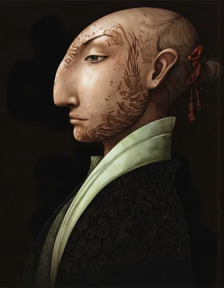 By Rébecca Dautremer. A digital illustration shoot from a profile camera angle about a stylized portrait of a humanoid figure with a long, narrow nose and intricate tattoos on its face, wearing traditional japanese clothing. the image also shows a serene expression, with one eye looking to the side. on the middle of the image, a woman appears to be in her mid-twenties, with a slim body and a neutral expression. she is facing the viewer, with her upper body visible. her hair is styled in a single hair bun, tied up with a red ribbon, and she is wearing a dark, patterned kimono with a light green shawl draped over her shoulders. her skin is a light brown color, and her facial features are detailed with intricate, stylized tattoos. the background is dark and indistinct, with soft lighting that highlights her features. the overall style is reminiscent of japan art, with bold lines and a sense of realism.