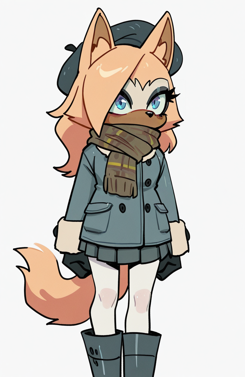 1girl, solo, <lora:knuxze:1> knuxze,
<lora:Whispangle-Illustrious:0.8> whisper the wolf, wolf ears, wolf tail, brown fur, yellow fur, two-tone fur, blue eyes, winter outfit, long coat, pleated skirt, white pantyhose, boots, scarf, beret, extremely detailed, highres, masterpiece, best quality
