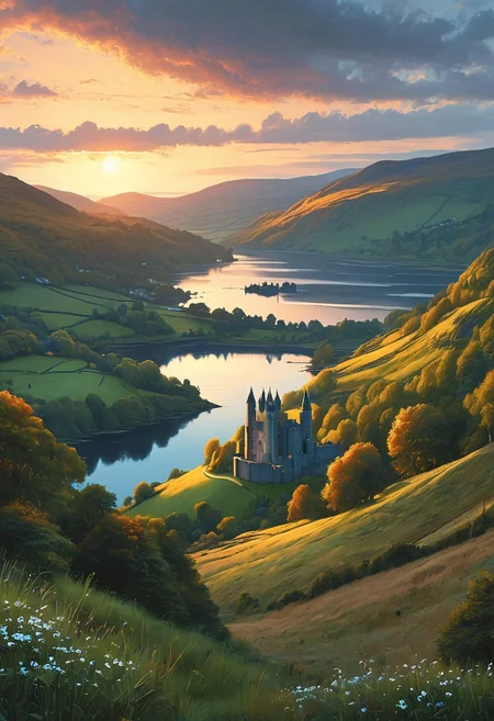 A captivating night scene illustration featuring a beautiful castle on a large  hill overlooking a lake in Wales.   The castle is ancient but well maintained and updated and comfortable to live in.  This enchanting artwork captures a serene and peaceful early morning, where the sun is just starting to rise over the beautiful hills and castle which   stands resolute amidst hills of Wales, creating a cinematic experience., illustration, cinematic
<lora:DonM3t3rn1tyXL-v1.1:0.7>, DonM3t3rn1tyXL,
OverallDetailXL  <lora:MJ52:0.3>  <lora:SDXLFaeTastic2400:0.4>  <lora:EpicF4nta5yXL:0.7>