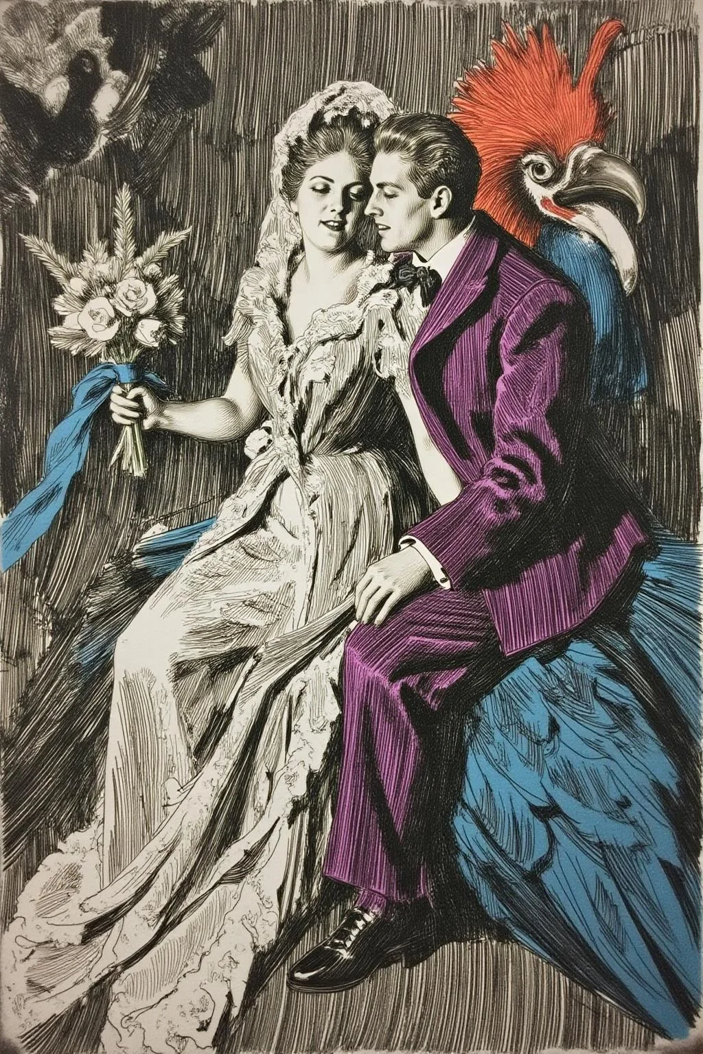 anzo1 black and white etching.
A romantic scene with a couple, a woman, and a man, set against a dreamlike, fantastical backdrop. The woman, dressed in a flowing white wedding gown, is seated on the back of a stylized giant bird with a prominent red comb and a blue body. She holds a bouquet of flowers in her left hand and a blue ribbon in her right hand, which is resting on the man's shoulder. The man, dressed in a deep purple suit, embraces her from behind, with his head resting on her shoulder. <lora:anzo1_nocap_d6a3:1.0><lora:815145665912006305:0>