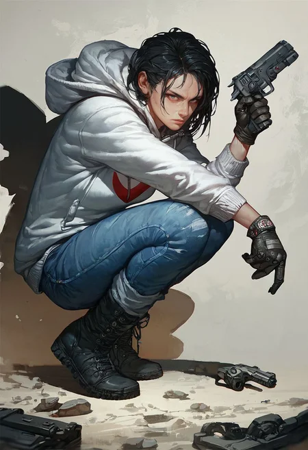 score_9, score_8_up, score_7_up, kyuyongeom,
1girl, black hair, boots, gloves, handgun, holding gun,  hoodie, jeans,  pants, solo, squatting, trigger discipline, roottop.
<lora:Kyu_Yong_Eom_Style_-_Pony:0.6>