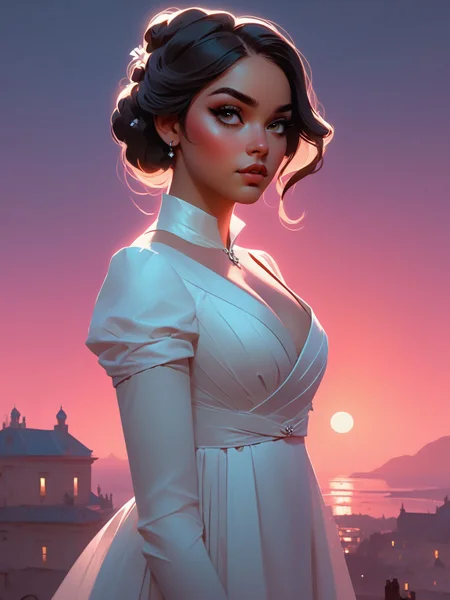 art by ilya kuvshinov, art by loish, art by ross tran, Photo taken at dusk, full body, [eiza gonzalez|thylane blondeau] in a regency period dress, striking eyes, flawless skin, <lora:Regency_Period:0.7><lora:M_niji_XL:0.5> <lora:ComicBookStyleSDXL:0.5>