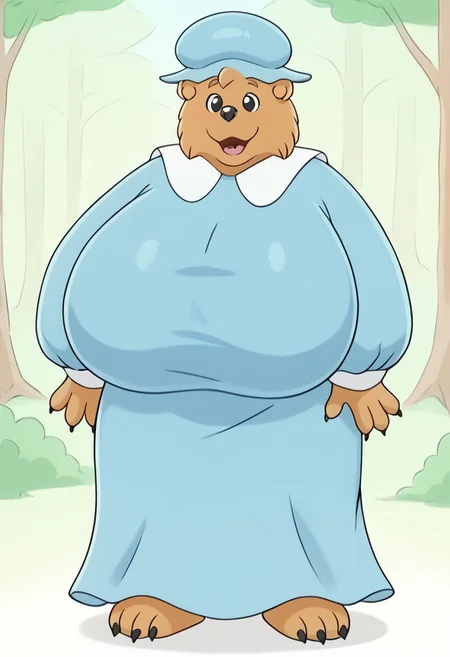 score_9, score_8_up, score_7_up, BREAK gigantic breasts, MamaBear, 1girl, anthro bear, light brown fur, black eyes, black nose, light blue hat, white-collared long-sleeved light blue dress, full body, solo, solo focus, alone, happy at viewer, cartoon, source_cartoon, forest background,