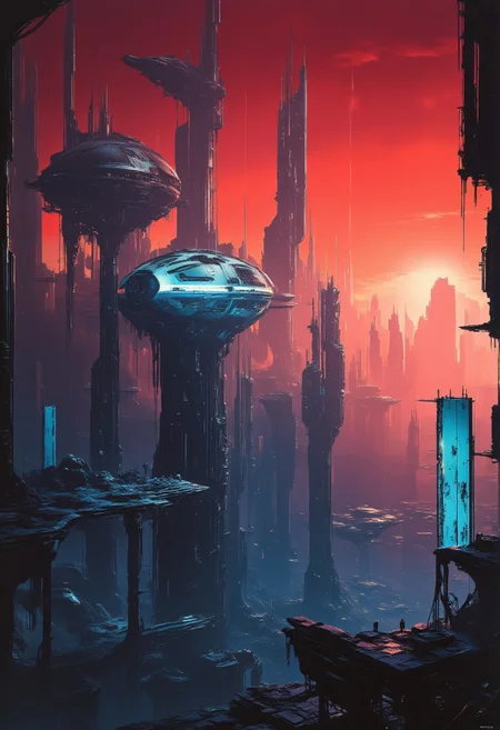 detailed photorealistic image, gradient of vibrant neon colours, sci-fi towers and skyscrapers in a futuristic alien cityscape, sunset, mist