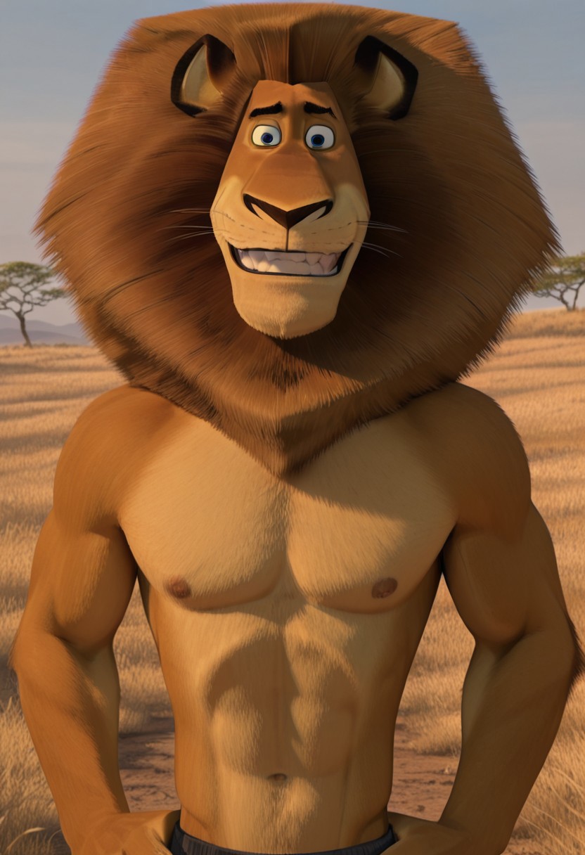 masterpiece, best quality, amazing quality, very aesthetic, absurdres, newest,  high quality, detailed, male, solo male, AlexTheLion, 1boy, mature male, male, athletic build, anthro, lion, animal ears, blue eyes, tan fur, brown hair, brown mane, outdoors, standing, half body, looking at viewer, grinning, topless, close up, bust shot