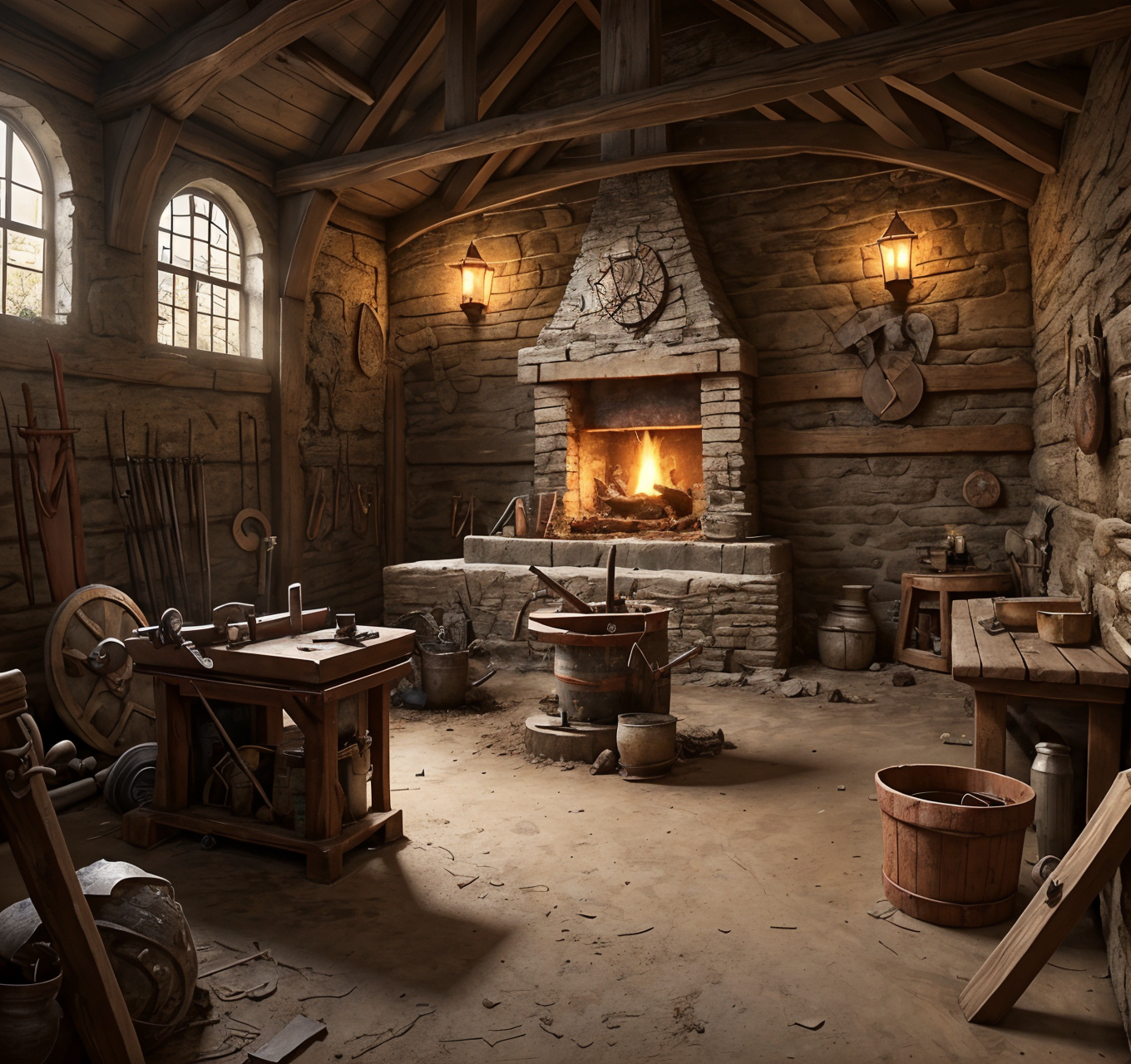 RAW photo, (masterpiece:1.3), subsurface scattering, heavy shadow, (high quality:1.4), (intricate, high detail:1.2), professional photography, HDR, High Dynamic Range, realistic, ultra realistic, photorealistic, high resolution, film photography, ambient lighting, atmospheric effects, <lora:detail_slider_v4:2>, OverallDetail, a medieval fantasy smithy, forge, weapon, armory, a dwarf working on a weapon,  <lora:Fantasy_Interior:0.8>, faninter, epiCPhoto