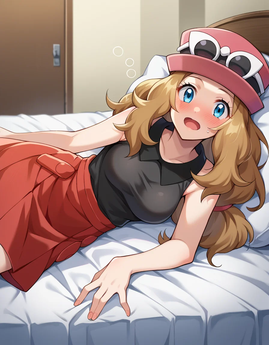 score_9, score_8_up, score_7_up, source_anime,
pokemonserena, <lora:pokemon-serena-ponyxl-lora-nochekaiser:1>
serena, long hair, blue eyes, brown hair,
eyewear on head, hat, skirt, sunglasses, shirt, black shirt, sleeveless, red skirt, pink hat,
indoors, bed, bed room, on side, blush, drunk,
looking at viewer, cowboy shot, dutch angle,