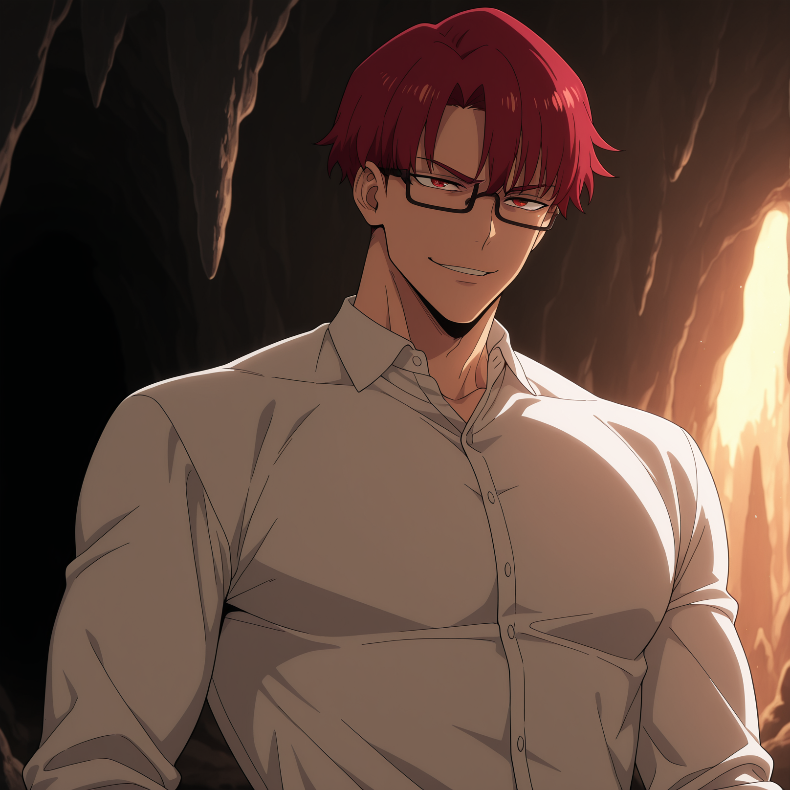 1boy, solo, male focus, ChoiJongIn, glasses, red hair, red eyes, white shirt, muscular, cave, smirk
,masterpiece,best quality,amazing quality,  <lora:Choi_Jong-In:1>