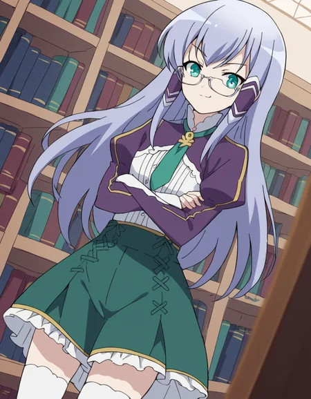 score_9, score_8_up, score_7_up, source_anime, <lora:elze-silhoueska-s2-ponyxl-lora-nochekaiser:1>, elze silhoueska, long hair, blue eyes, green eyes, blue hair, aqua eyes, hair tubes,, skirt, thighhighs, white thighhighs, puffy sleeves, white shirt, necktie, green necktie, purple sleeves, green skirt, frilled skirt, library, reading books, glasses, quiet, focused, shelves of books, , crossed arms, smug, looking at viewer, solo,, dutch angle, cowboy shot