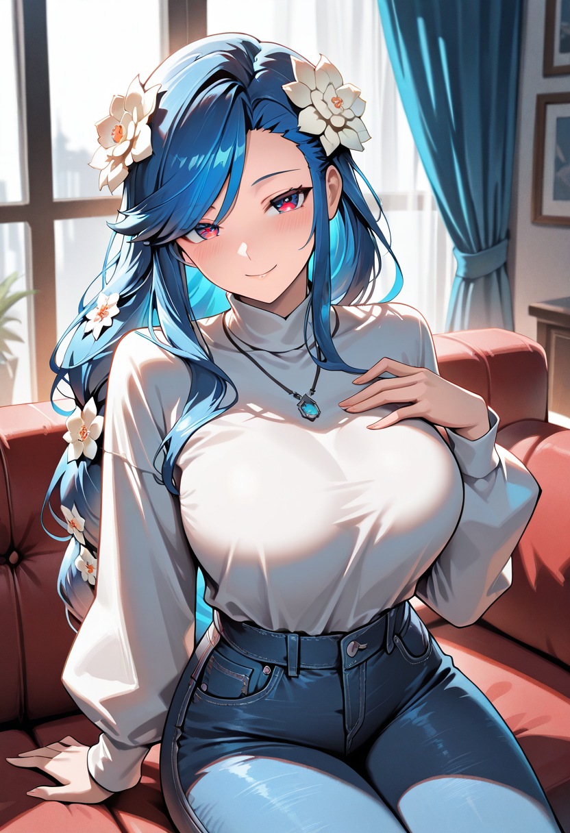 masterpiece, best quality, newest, absurdres, highres ,<lora:DizzyGGIllustrious:0.9>, GGSTRVDZY, blue hair,long hair,  hair flower, red eyes,  seductive smile, blush, white turtleneck, large breasts, long sleeves, sitting, couch, 1 girl, looking at viewer, jeans, necklace, hand on own chest, curtains, window,