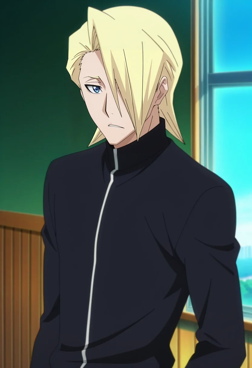 masterpiece, best quality, , anime screencap, anime coloring, official style, , 1boy, solo, male focus, <lora:izuru_kira_ilxl:0.96>, izuru_kira, blonde hair, blue eyes, short hair, hair over one eye, , ,