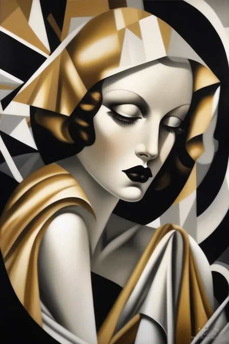 <lora:Tamara De Lempicka Style:1>Tamara De Lempicka Style - the stigmata of my past are not a dream, philosophy of the absurd, intricate details, astral, mental, detailed, in the style of TAMARA DE LEMPICKA, golden black and white colours