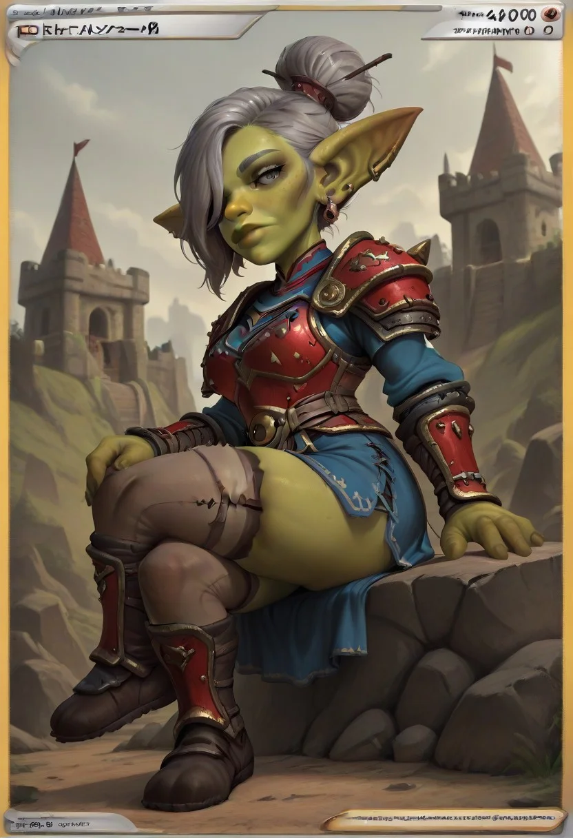 masterpiece, best quality, amazing quality, very aesthetic, absurdres, newest, <lora:WoW_GoblinGTb:0.70>, <lora:Gobbo_Style_Type2a:0.75>, gobbostyle2, wowgobbostyle, 1girl, female goblin, mature female, muscular female, (shorstacks, voluptuous, thicc), nose, lips, pointy ears, earrings, grey eyes, hair ornament, hair over one eye, long grey hair,
((Blue medieval armor, blue skirt, mid thigh stockings)), 
Outdoors, rock, castle in background, 
Sitting, crossed legs, pose, listless, looking at viewer, full body, (side view, lateral view, side angle), 
pokecards, pokemon cards, colored border, text,
