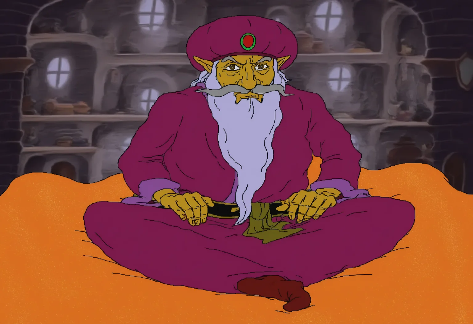 <lora:cdi-style_vpred-noobaiv10_:1>, cdi style, indoors, 2D, flat shading, flat color, jaggy lines, 1boy, male focus, solo, facial hair, beard, sitting, mustache, pointy ears, turban, old man, indian style, belt, grey hair, sash, indoors, long sleeves, old, gwonam, purple robe, purple headwear, looking at viewerâââ, (upper body, three-quarter portrait:1.2), closed mouth, crossed legs,