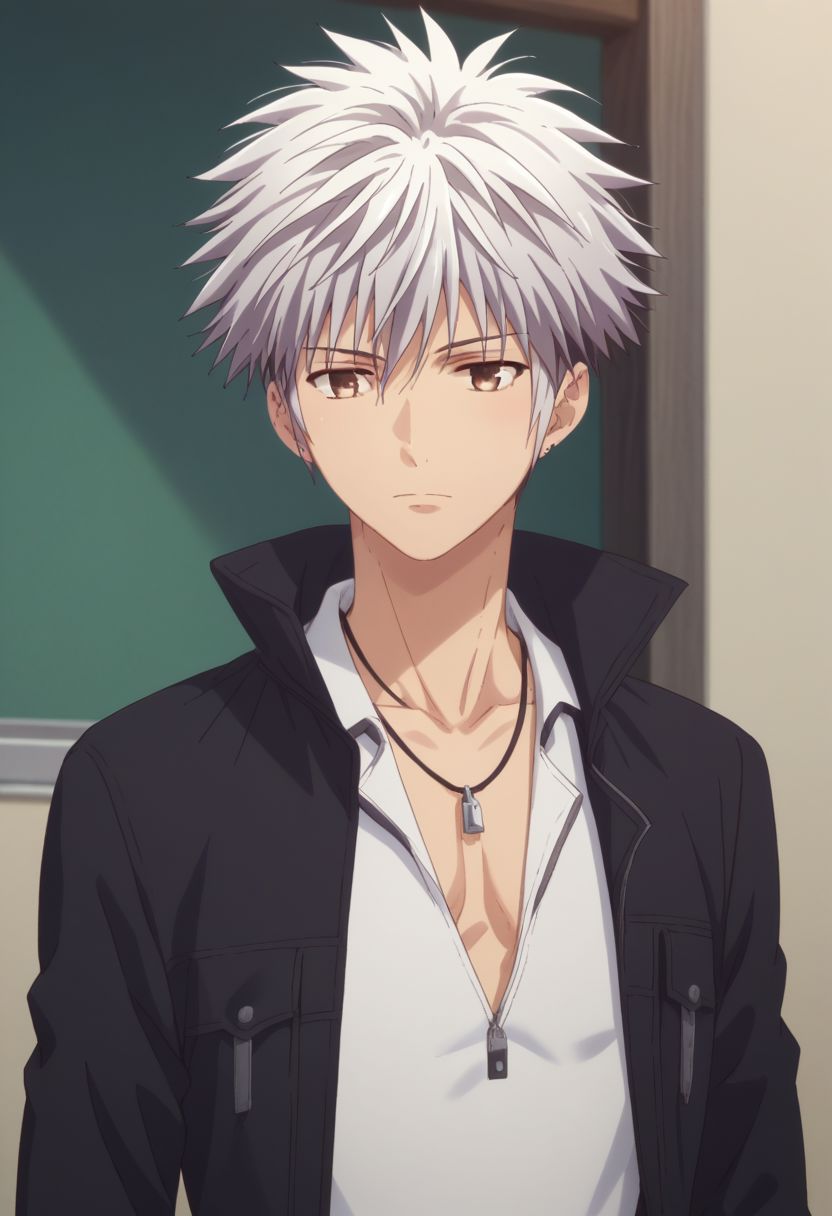 score_9, score_8_up, score_7_up, source_anime, highly detailed, 1boy, solo, male_focus, 
haru_sohma, 1boy, male focus, solo, jacket, brown eyes, spiked hair, upper body, white hair, pocket, black jacket,
