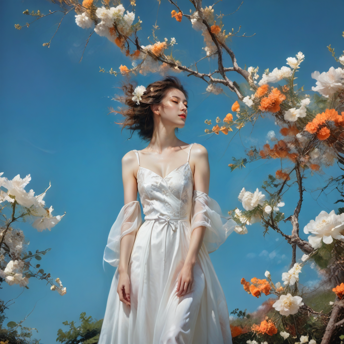 <lora:add-detail-xl:1.0>, 1girl, solo, dress, flower, white dress, brown hair, closed eyes, sky, tree, branch <lora:LangV1:0.7>, <lora:RuanV1:0.6>,