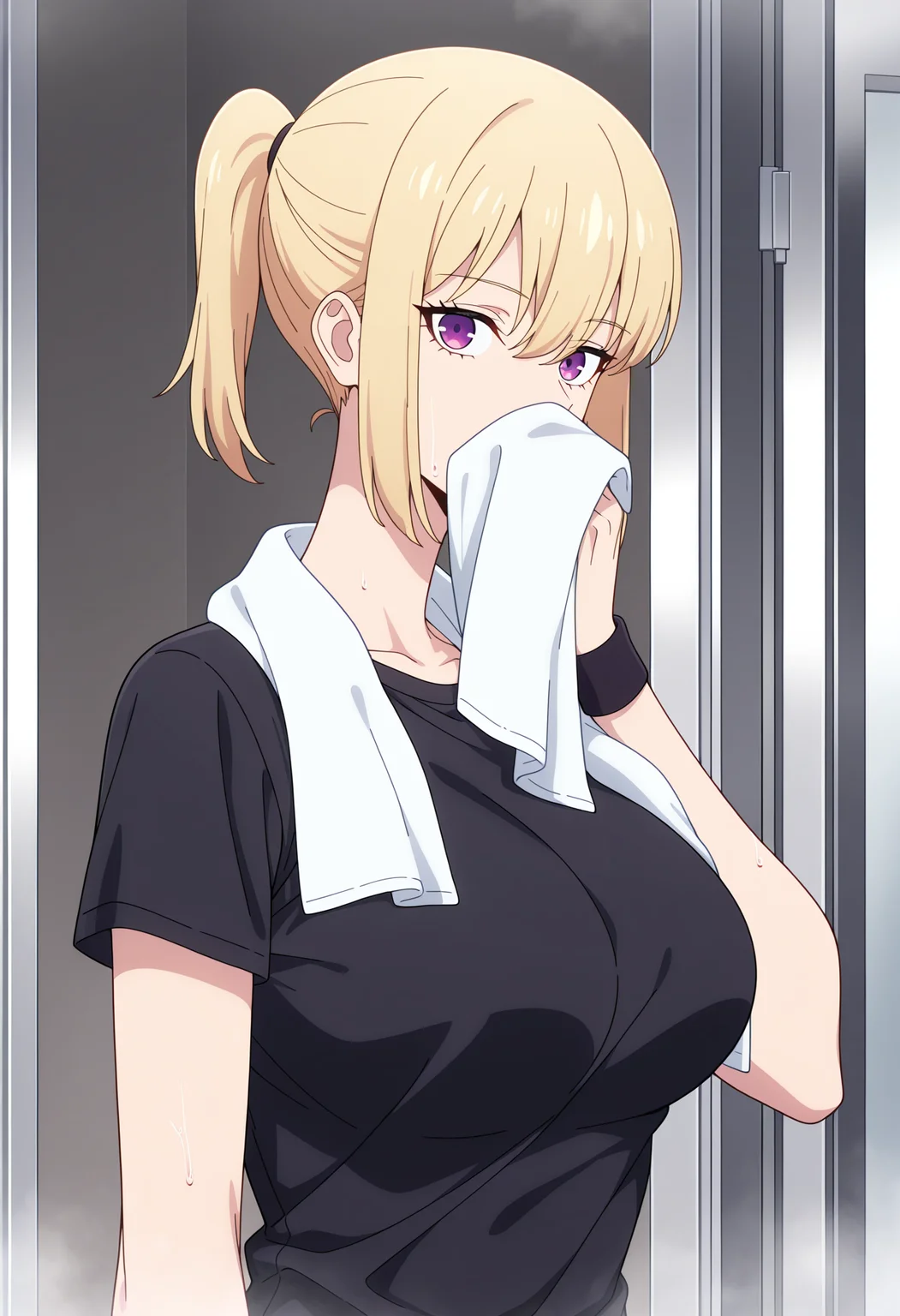 masterpiece, best quality, high resolution, source_anime, highly detailed illustration, detailed eyes,
very aesthetic, absurdres, newest, amazing quality,
1girl, solo, anime coloring,
<lora:shiChaeHaeInV1ill:1>, shichaeworkout, short hair, blonde hair, hair between eyes, bangs, sidelocks, purple eyes, ponytail,
large breasts,
short sleeves, black shirt, towel, t-shirt, wristband, towel around neck, breasts, holding, upper body, holding towel, shichaesniff, covering own mouth,
looking at viewer, expressionless,