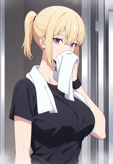 masterpiece, best quality, high resolution, source_anime, highly detailed illustration, detailed eyes,
very aesthetic, absurdres, newest, amazing quality,
1girl, solo, anime coloring,
<lora:shiChaeHaeInV1ill:1>, shichaeworkout, short hair, blonde hair, hair between eyes, bangs, sidelocks, purple eyes, ponytail,
large breasts,
short sleeves, black shirt, towel, t-shirt, wristband, towel around neck, breasts, holding, upper body, holding towel, shichaesniff, covering own mouth,
looking at viewer, expressionless,