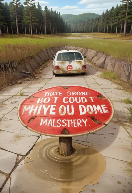 picturesque lake surrounded by a forest but is in a polluted dystopian landscape, in the foreground there is lake sign with the text" Croeso y llyn gellynoth. Oes yn y cont Iwan dewch"text:" <lora:text:.8>, human fecal matter on the floor in small piles, puddle of human waste with text"wow" <lora:text:.8>, written in it. wasteland, <lora:falloutlandsdxl:0.8>,  mushroom cloud in background