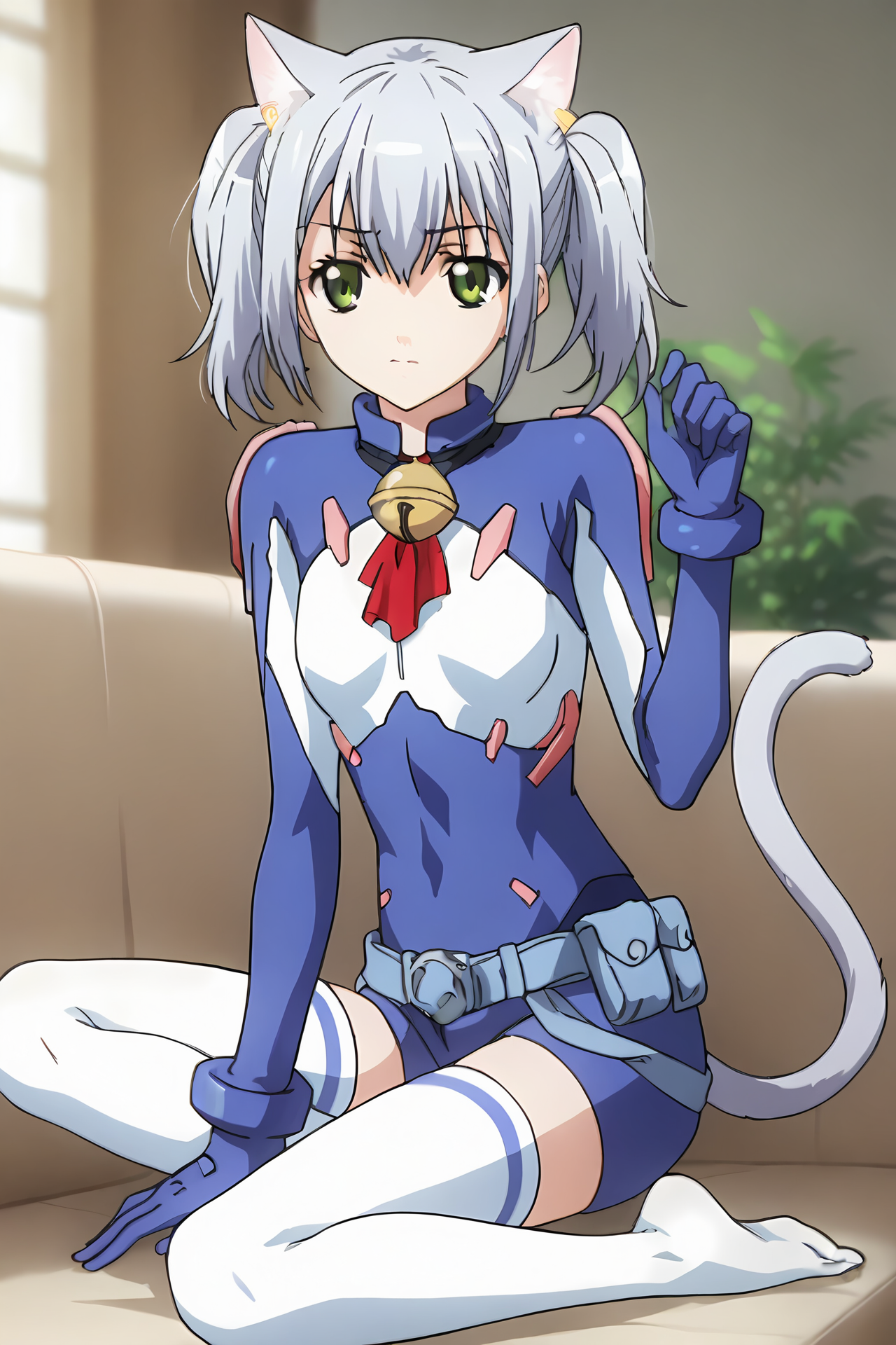 (blue bodysuit belt gloves white thighhighs:1.50), cpc-chaika, short hair, short twintails, bangs, sidelocks, grey hair, hair between eyes, green eyes, cat ears, cat tail, neck bell,
1girl, solo, skinny, (source_anime, score_9, score_8_up, score_8, score_7_up), score_7, score_6_up, score_6, score_5_up, score_5, 
(lewd:1.40),
(living room:0.90),
(:1.40), (feet:1.10),
small breasts
<lora:cpc-chaika-V01-000004:0.90>