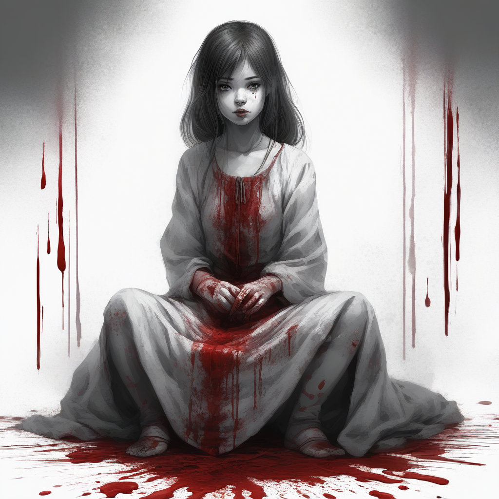 spot color, dress, traditional media, 1girl, monochrome, blood, greyscale