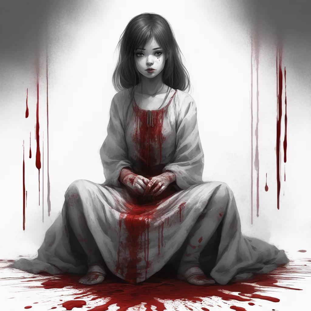spot color, dress, traditional media, 1girl, monochrome, blood, greyscale