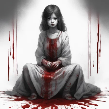 spot color, dress, traditional media, 1girl, monochrome, blood, greyscale