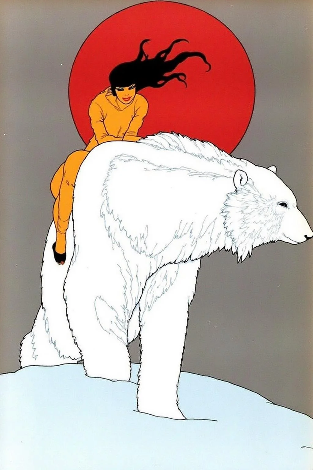 ernestogarciacabral1 illustration. 
A woman with flowing dark hair sits on the back of a large white polar bear, leaning forward. There is a red setting sun behind her. <lora:ernestogarciacabral1_cap_d6a3:1.0><lora:849839217713354884:0>