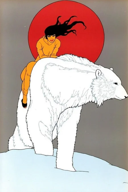 ernestogarciacabral1 illustration.
A woman with flowing dark hair sits on the back of a large white polar bear, leaning forward. There is a red setting sun behind her. <lora:ernestogarciacabral1_cap_d6a3:1.0><lora:849839217713354884:0>