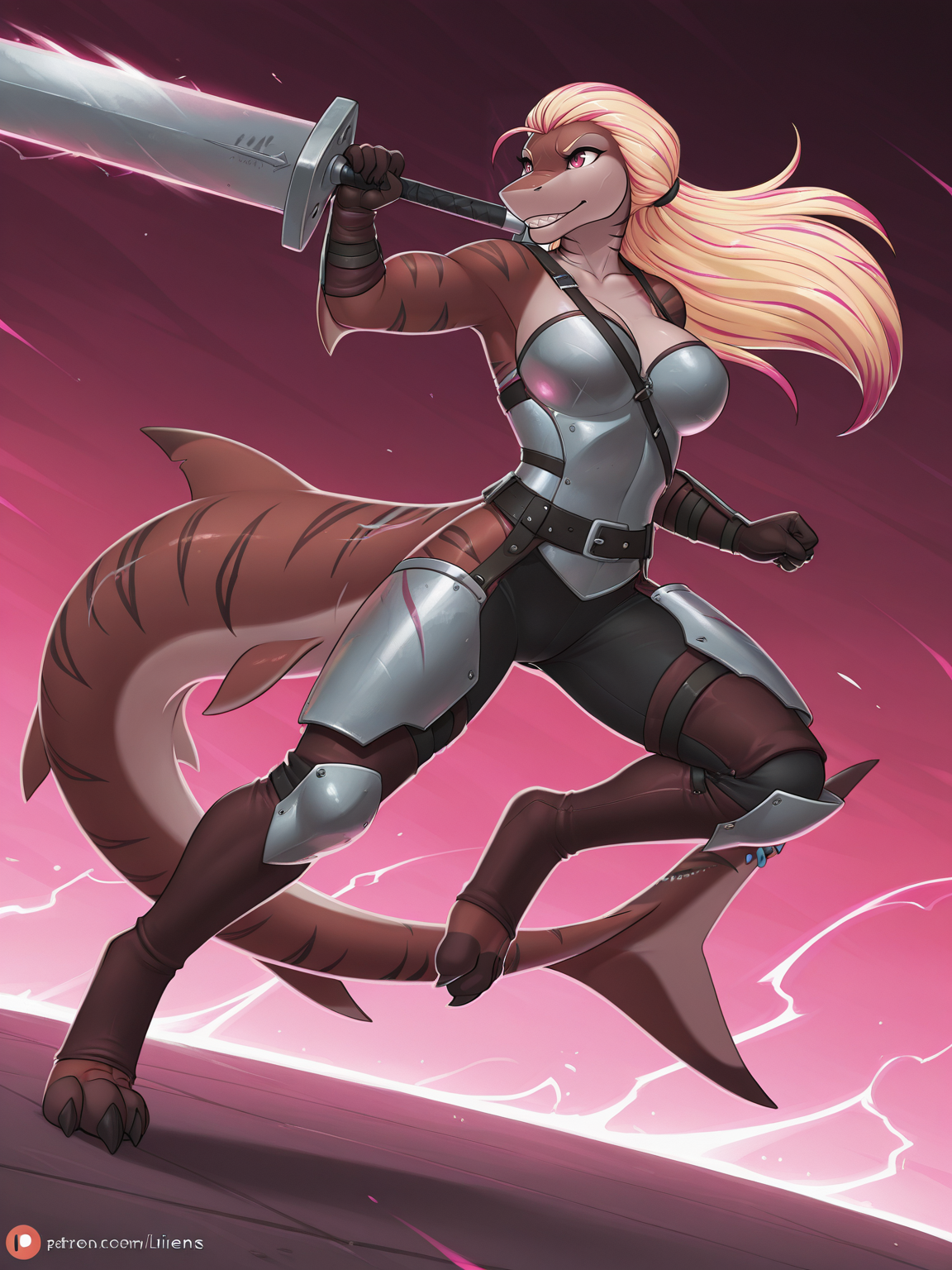 <lora:FurryIL:0.9> f_r, 1girl, furry, shark female, antro, blonde hair with pink streaks, brown eyes, brown skin, long tail,
gigantic sword, steel armor,glowing liens, action, full body, glowing background