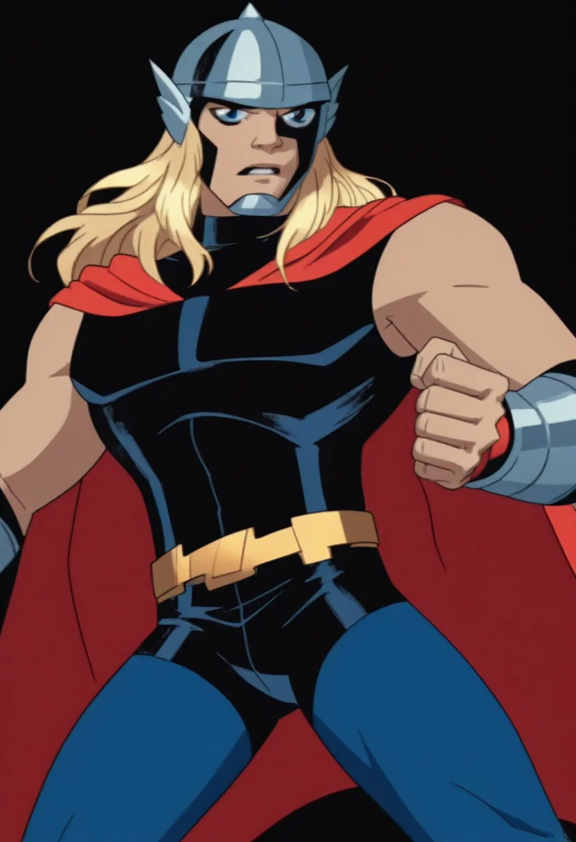 score_9, score_8_up, score_7_up, 2zdxxps, animated screencap, 1male, solo, mature, th1or03, blonde hair, long hair, blue eyes, silver helmet, black unitard, sleeveless, metal circles on chest, red cape, red bracelets, golden belt, blue leggings, golden boots, dynamic pose, action pose, ((anime, animated))), simple background, solid white background, full body shot,
