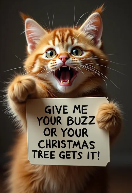 A cute cat, with an over the top shocked facial expression, holding a sign it says "Give Me Your Buzz Or Your Christmas Tree Gets It!", realistic, cinematic shot, head tilted back, large eyes, pointing at the viewer,
