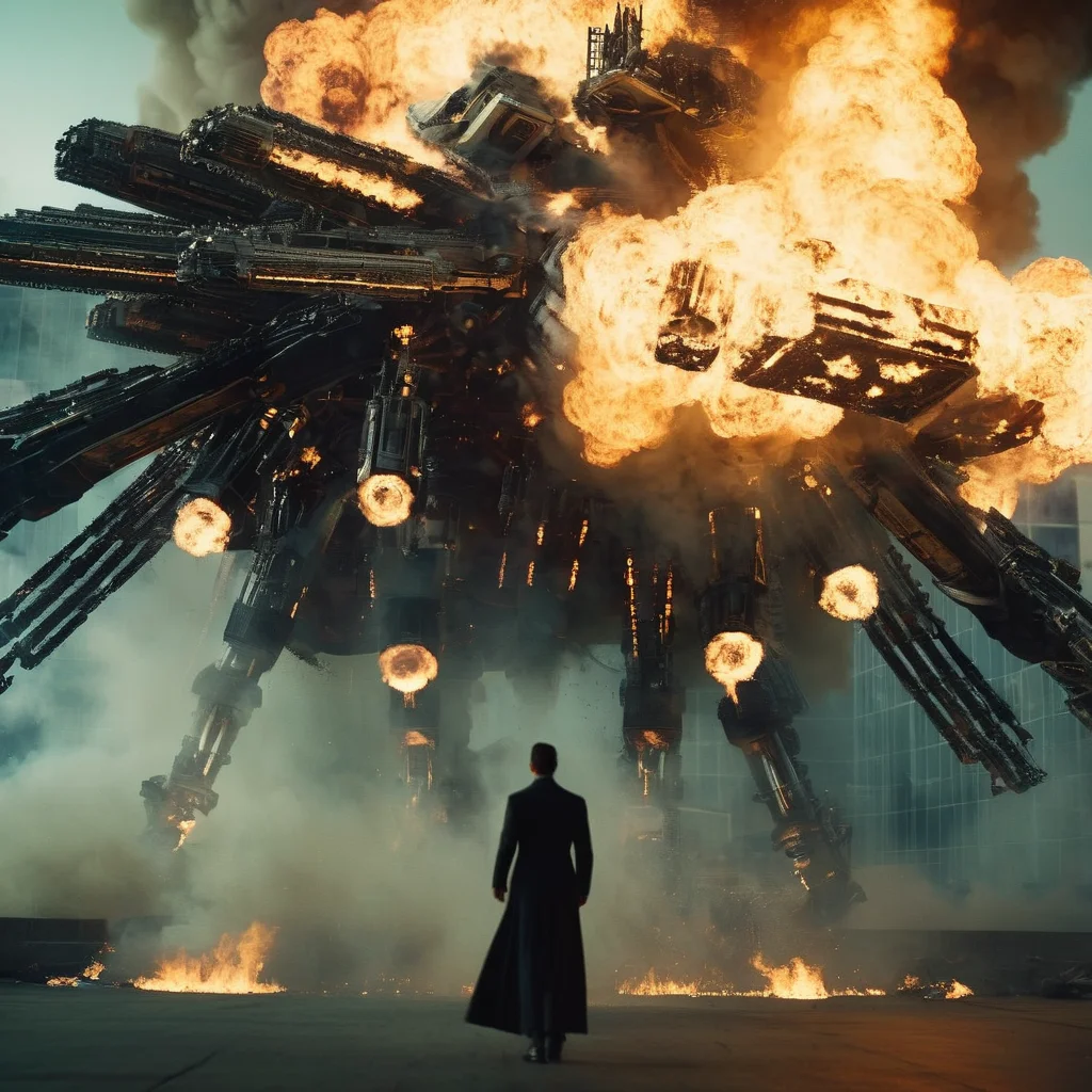 cinematic film still of <lora:The Matrix Style:1>
machine, giant, smoke, explosion, no humans, glowing, fire, mecha, science fiction The Matrix Style, shallow depth of field, vignette, highly detailed, high budget, bokeh, cinemascope, moody, epic, gorgeous, film grain, grainy