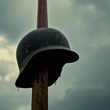 cinematic film still of <lora:detailed:0.2>
<lora:perfection style:0.2>
<lora:Ron Fricke style:0.1>
<lora:Inglourious Basterds film style:0.9>
an epic photo of a bloody baseball bat hanging from a German ww2 helmet on a pole,sky,cloud,military,no humans,blood,realistic,vehicle focus , 1940's, Inglourious Basterds film style, shallow depth of field, vignette, highly detailed, high budget, bokeh, cinemascope, moody, epic, gorgeous, film grain, grainy