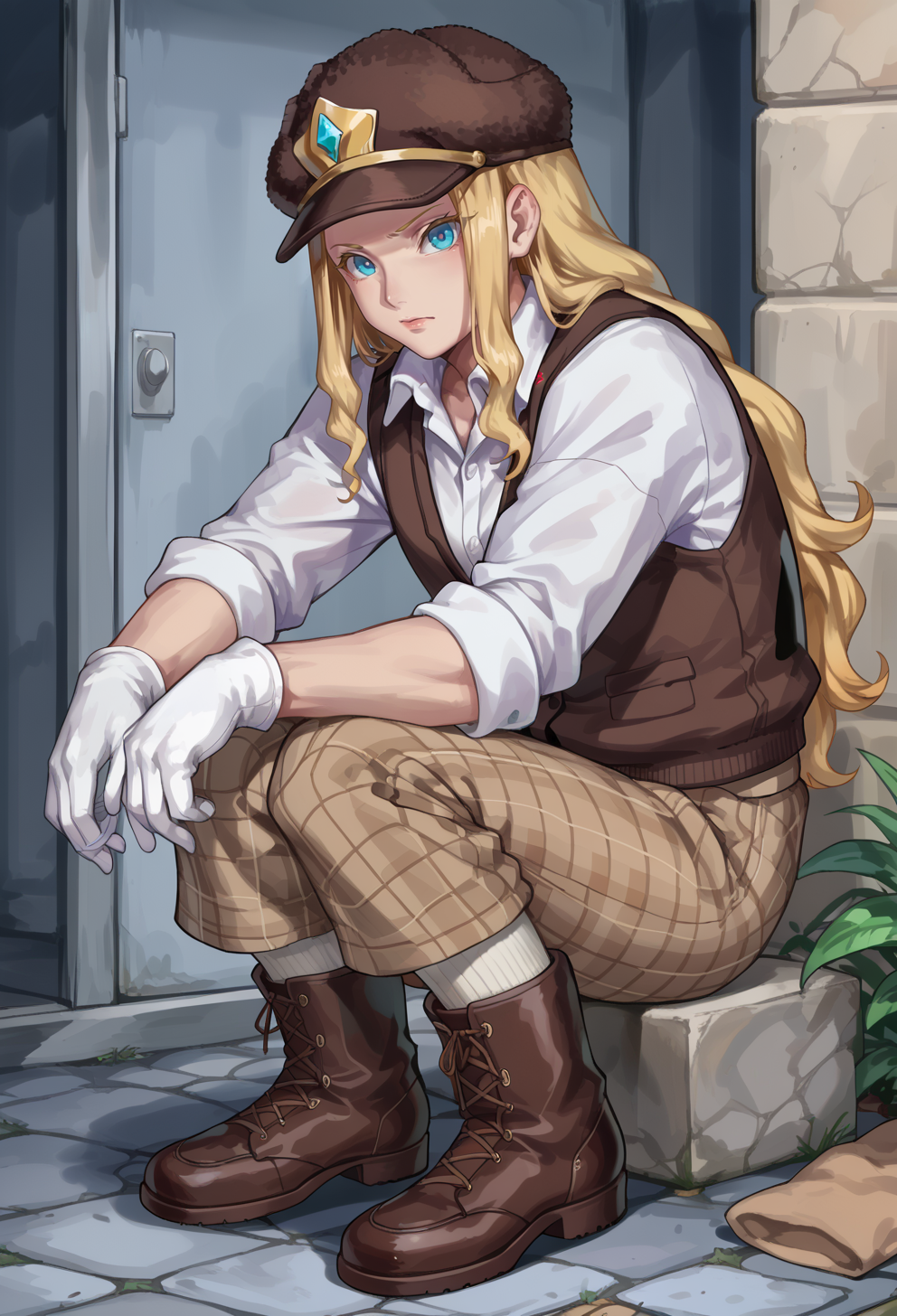 score_9, score_7_up, source_anime, BREAK <lora:PrincessPride:0.6> Princesspride, brown headwear, brown vest, white shirt, brown pants, plaid pants, white gloves, socks, brown footwear, boots,  <lora:Kumiko Aleron Style V4:0.7> kumiko_aleron_style,