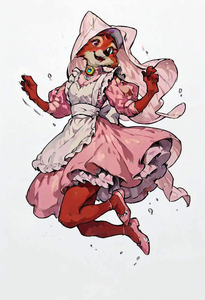 score_9, score_8_up, score_7_up, score_6_up, score_5_up,  <lora:jumpXLP:0.7> jump, jumping, 1girl, dress maid_marian, pink dress, pink headwear, red fur skin, red eyes,