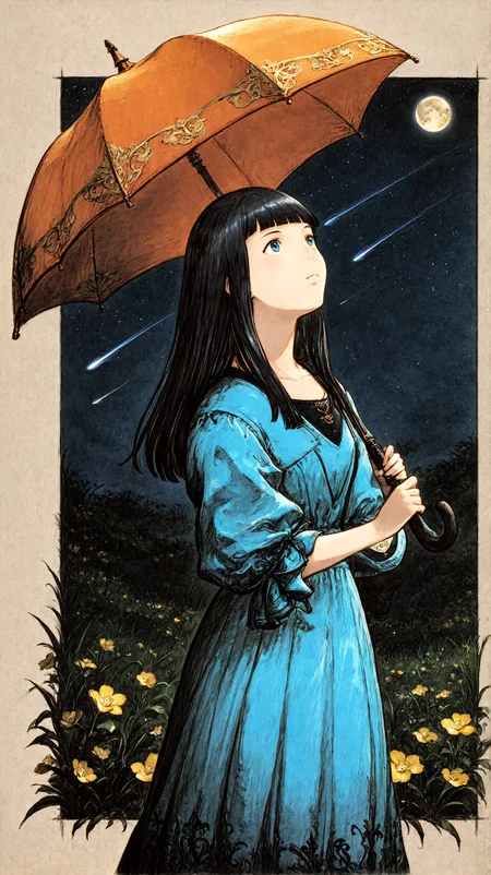 (background, art frame), 
(solo focus, solo), cowboy shot, (no humans),
space, dream like, (stars), comet, moon, dark blue sky, darkgreen grasslands, flowers,
1girl, young adult, female focus,
black long_hair, blunt bangs, blue eyes, blue dress, orange umbrella, side view, looking up, holding umbrella,
happy mood, happy,
BREAK
( color ink \(medium\), graphite \(medium\), gouache \(medium\) :1.3),(triangle strategy,octopath traveler:1,square enix:0.8),(book art:0.8),(1990s \(style\):0.8),<lora:[GAME ARTIST] Naoki Ikushima_epoch_13:1>,
,JanMatejkoStyle-IL.V1.0, oil painting, masterpiece, best quality,  elegant fantasy, soft colors, no humans,