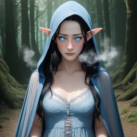 score_9, score_8_up, score_7_up, source_anime, expressive, anime, Artist speedlines, dynamic, 1girl, Arwen_Undómiel,tolkien's_legendarium, BREAK, Arwen\(Lord_of_the_Rings\), Arwen, elf, pointy ears, blue eyes, black hair, long hair, sidelocks, 1woman, blush, blushing, embarrassed, sensual, horny, longing, blue dress, lace, see-through, blue cloak, blue hood, detailed eyes, blushing, horny, uncensored, source_hentai steam, full-face_blush, happy horny, in_the_woods, Lothlórien, forest