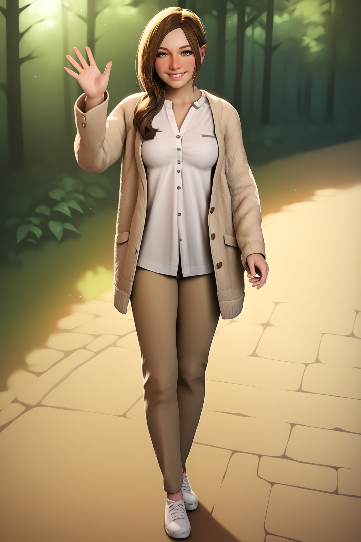 score_9, score_8_up, score_7_up, score_6_up, BREAK, MiaWintersRE7PXL, green eyes, brown hair, long hair, medium breasts, realistic, open jacket, jacket, white shirt, pants, white shoes, solo, full body, standing, waving, seductive smile, looking at viewer, naughty face, nose blush, forest <lora:MiaWintersRE7PXL:1>