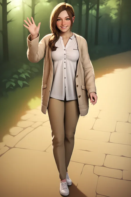 score_9, score_8_up, score_7_up, score_6_up, BREAK, MiaWintersRE7PXL, green eyes, brown hair, long hair, medium breasts, realistic, open jacket, jacket, white shirt, pants, white shoes, solo, full body, standing, waving, seductive smile, looking at viewer, naughty face, nose blush, forest <lora:MiaWintersRE7PXL:1>