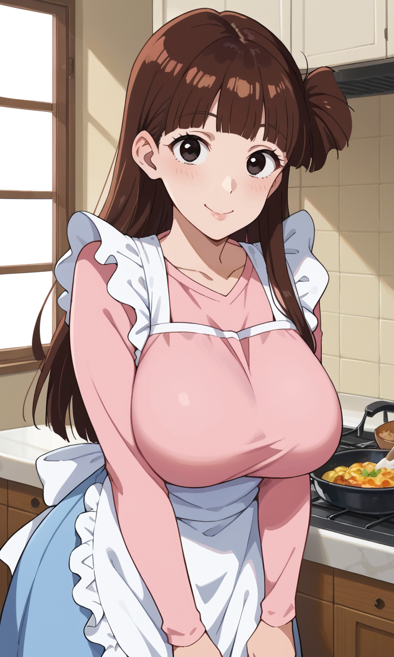 (1girl:1.5), (solo:1.3), (score_9, score_8_up, score_7_up, score_6_up, score_5_up, score_4_up), (source_anime), rating_questionable, looking at viewer, (face close-up:1.3), indoors, smile, happy, kitchen, cooking, 
(sakurada-moeko), (black eyes, eyelashes, brown hair, long hair, parody hair, voluminous bangs, fluffy bangs, mature female), (white frilled apron, full cover apron, pink shirt, long sleeves, light blue skirt), (huge breasts, wide hips, thick thighs), <lora:sakurada-moeko_v1:0.7>