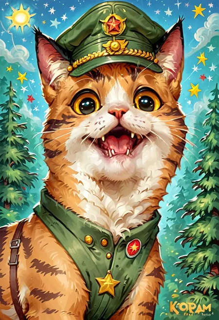 score_9, score_8_up, score_7_up, score_6_up, score_5_up, score_4_up, BREAK (soviet postcard, logo, komrade kat, propaganda portrait of very happy comrade cat, forest background), gay tabby cat, green soviet peaked cap, star shape, hammer and sickle, sun, blue sky, muted colors, Jed-Cosmos