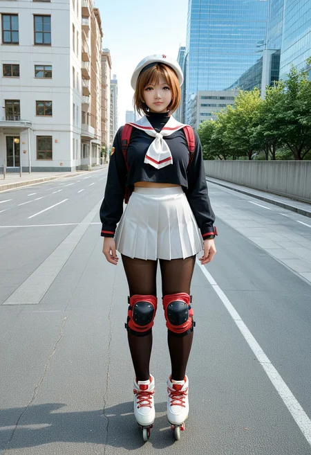 score_9, score_8, score_7, a high detail RAW color professional photo of a 18yo beautiful stunning plump woman posing for a picture, Kinomoto_Sakura, green_eyes, brown_hair, short_hair, antenna_hair, hair_intakes, perfect anatomy wide hips, narrow waist, broad shoulders, beret, white headwear, white_skirt, pleated_skirt, black_shirt, white_sailor_collar, white_neckerchief, long_sleeves, backpack, pantyhose, knee pad,elbow pad,wrist pad, inline skates, oversize clothes pose, standing, outdoors, cityscape, blue sky, soft lighting, 8k, perfect lighting, cinematic lighting, highly detailed eyes, highly detailed pupils, highly detailed face, highly detailed skin texture, highly detailed facial features, highly detailed hair texture, highly detailed body, highly detailed hands and fingers, highly detailed nails, highly detailed background, full-body shot, looking at the viewer, f/2.8, 50mm focal length, ISO 200, photographed on a Canon EOS 90D Camera