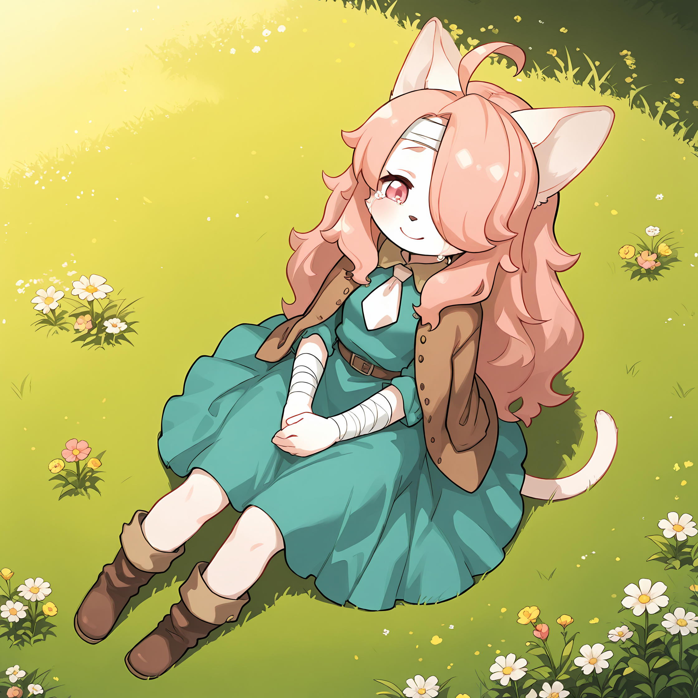 BREAK, <lora:Hanna_Fondant:1>, hanna fondant, fuga: melodies of steel, kemono, furry female, young female, 1girl, cat girl, white fur, pink eyes, pink hair, long hair, ahoge, hair over one eye, animal ears, cat ears, cat tail,
BREAK, Fuga 2 Outfit, brown shoes, white pants, teal dress, brown open jacket, white necktie,
BREAK, solo, full body, outside, grass, flowers, summer, sunny, sitting, hands together, crying, narrowed eyes, bandaged arm, bandaged, bandages on head, tears, smile, looking down, high angle view