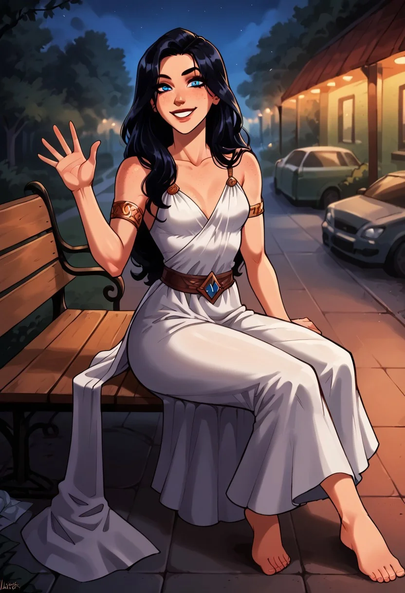 1girl, score_9, score_8_up, score_7_up, western cartoon, neon lighting, very detailed, depth of field, cinematic illumination, volumetric lighting, full color picture, vibrant colors, long hair, black hair, makeup, looking at viewer, looking forward, full body, forest fairy dress, sitting on bench, facing forward, looking at viewer, high quality, blue eyes, waving with right hand, left hand on bench, smile, light freckles, small bust, filthy city, city center, trash on floor, other hand empty, beautiful face, very detailed face, alone, solo, shield on back, slight cleavage, 